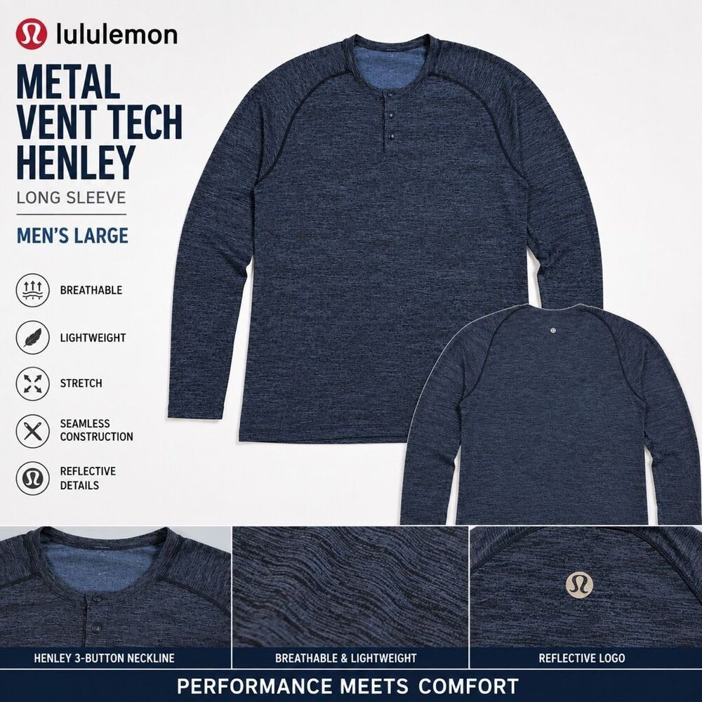 Lululemon Metal Vent Tech Long Sleeve Henley Men’s Large Blue Black